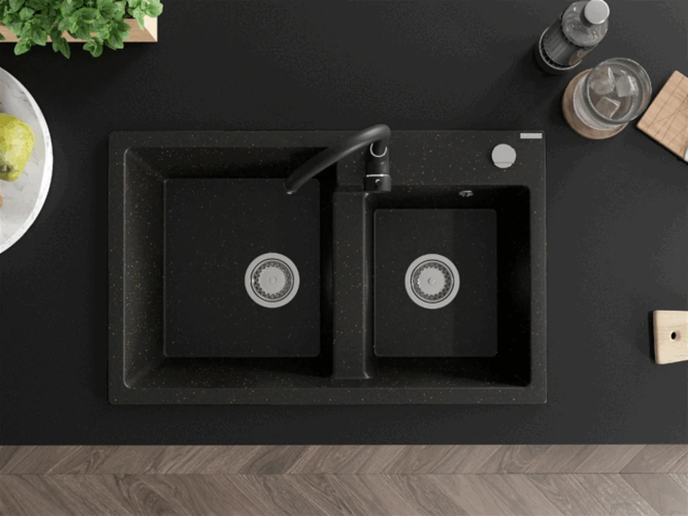 Granitinė virtuvinė plautuvė Mexen Tomas su maišytuvu ir sifonu, Metallic juodas/auksinis+Juodas
