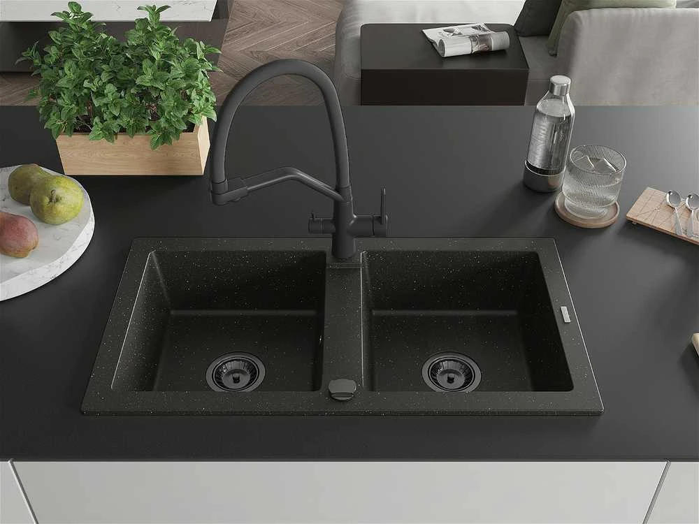 Granitinė virtuvinė plautuvė Mexen Mario su maišytuvu ir sifonu, Metallic juodas/auksinis+Juodas