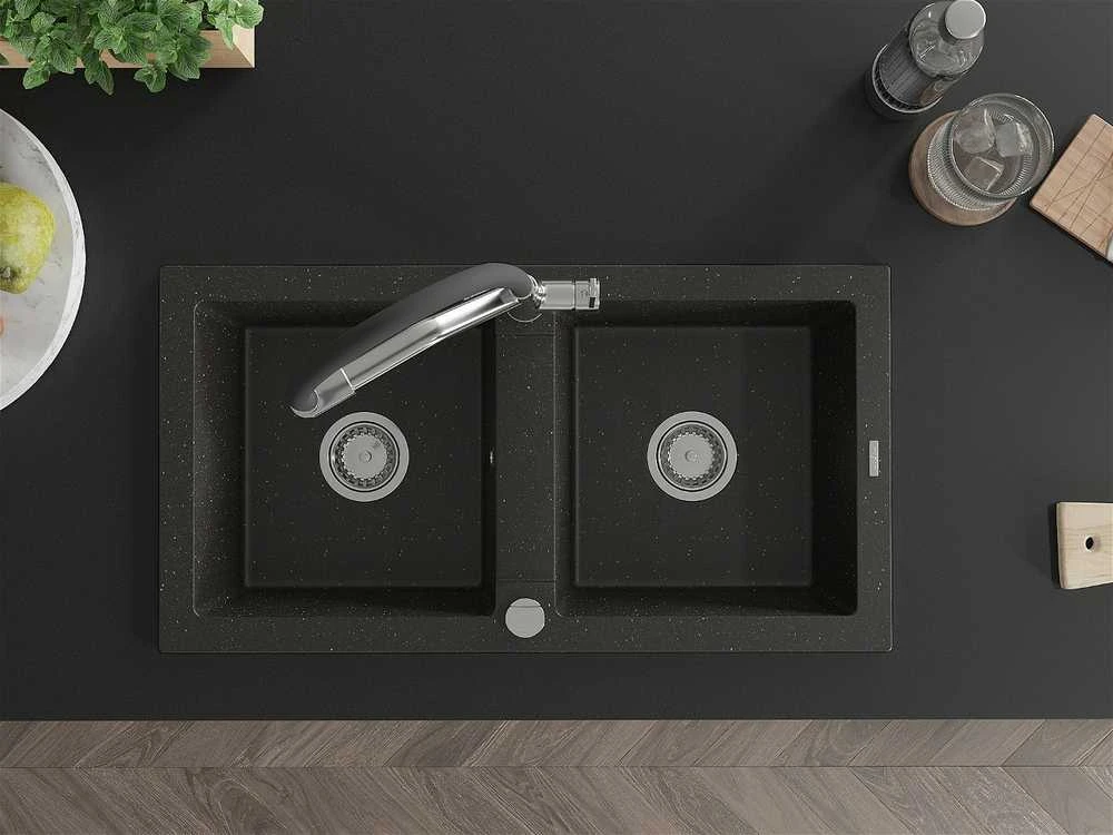 Granitinė virtuvinė plautuvė Mexen Mario su maišytuvu ir sifonu, Metallic juodas/auksinis+Juodas/Chrome