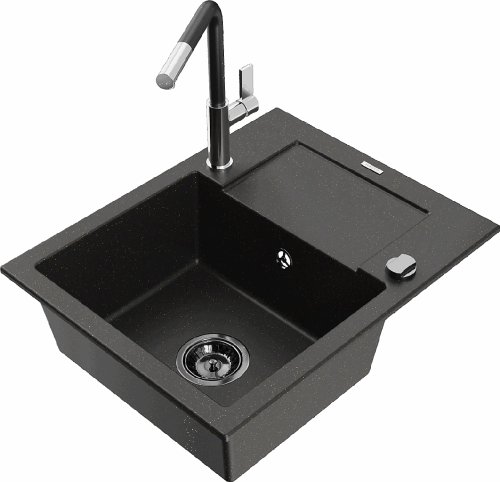 Granitinė virtuvinė plautuvė Mexen Enzo su maišytuvu ir sifonu, Metallic juodas/auksinis+Juodas/Chrome