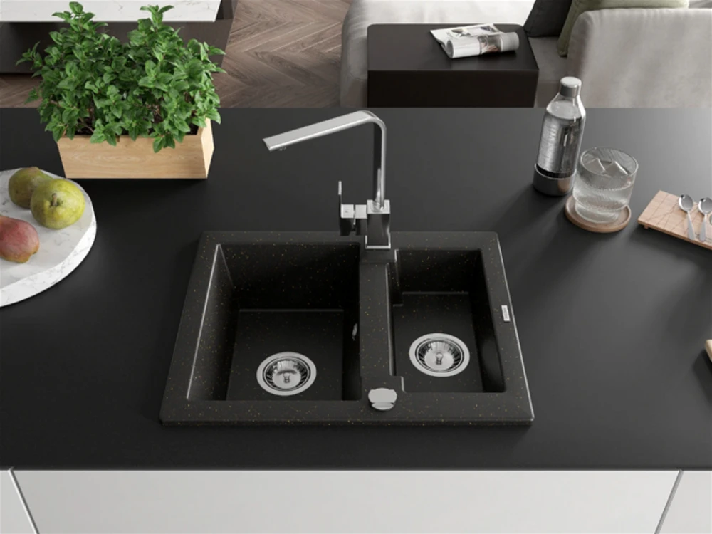 Granitinė virtuvinė plautuvė Mexen Carlos su maišytuvu ir sifonu, Metallic juodas/auksinis+Chrome