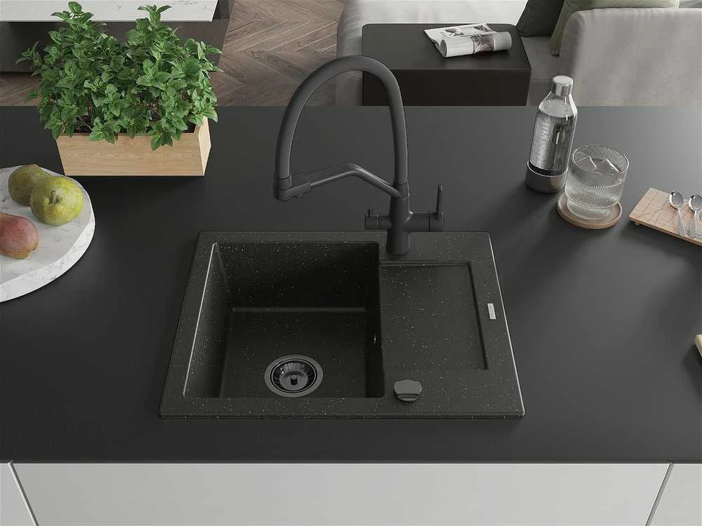 Granitinė virtuvinė plautuvė Mexen Enzo su maišytuvu ir sifonu, Metallic juodas/auksinis+Juodas