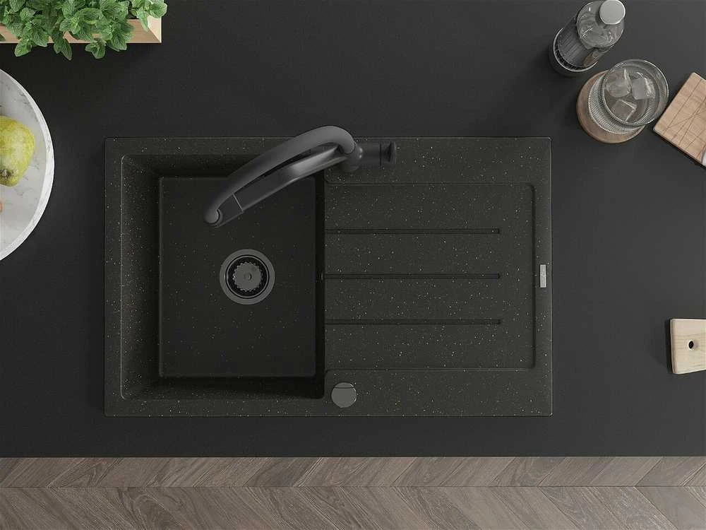 Granitinė virtuvinė plautuvė Mexen Bruno su maišytuvu ir sifonu, Metallic juodas/auksinis+Juodas