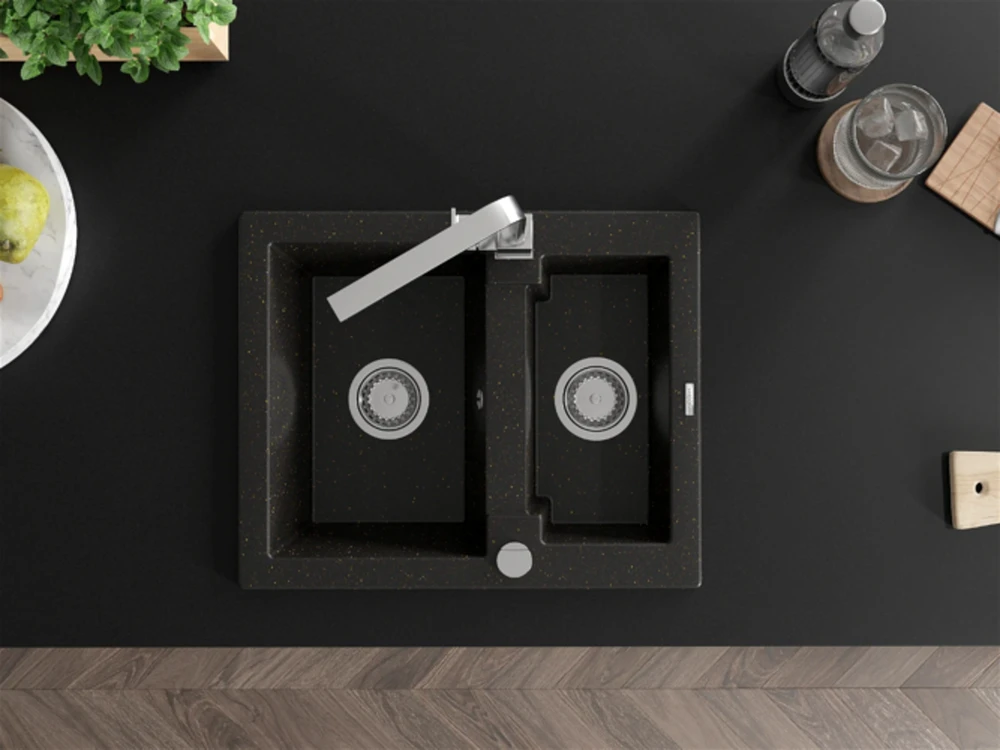 Granitinė virtuvinė plautuvė Mexen Carlos su maišytuvu ir sifonu, Metallic juodas/auksinis+Chrome