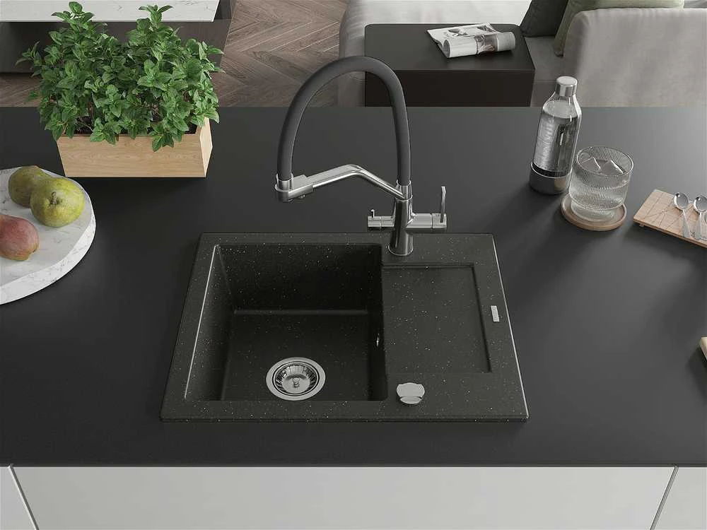 Granitinė virtuvinė plautuvė Mexen Enzo su maišytuvu ir sifonu, Metallic juodas/auksinis+Juodas/Chrome