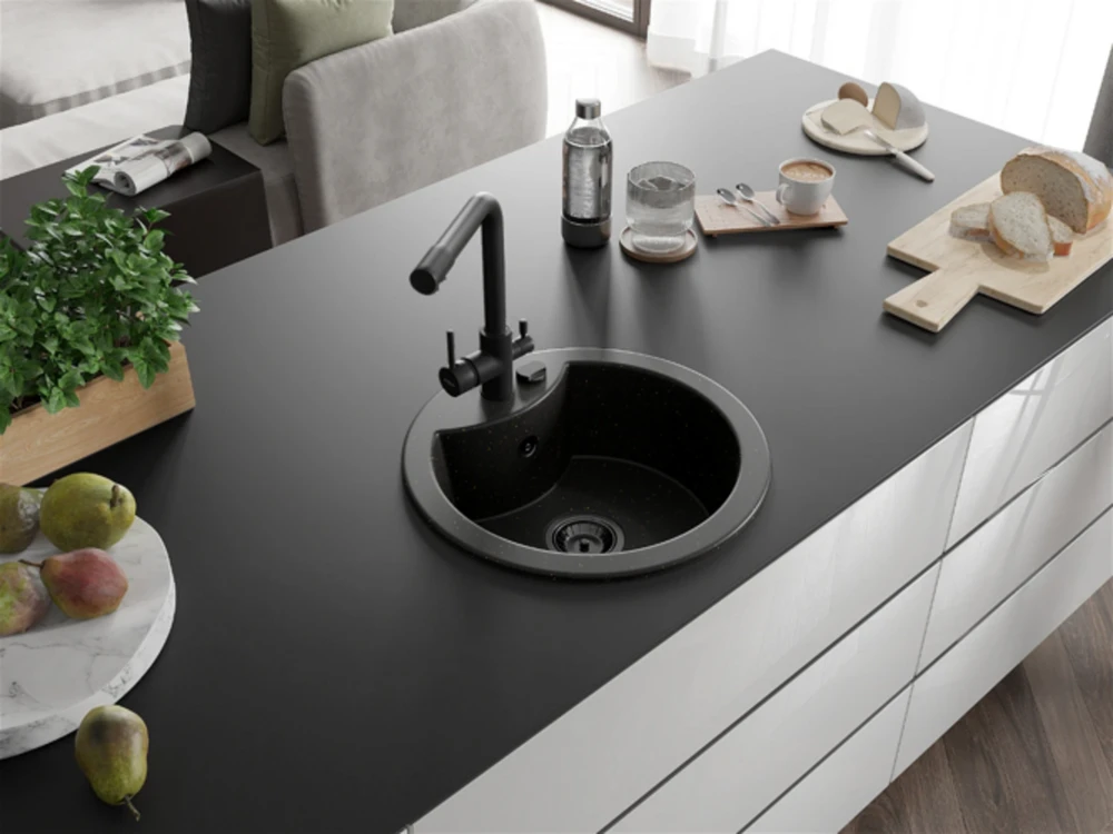 Granitinė virtuvinė plautuvė Mexen Diego su maišytuvu ir sifonu, Metallic juodas/auksinis+Juodas(B)