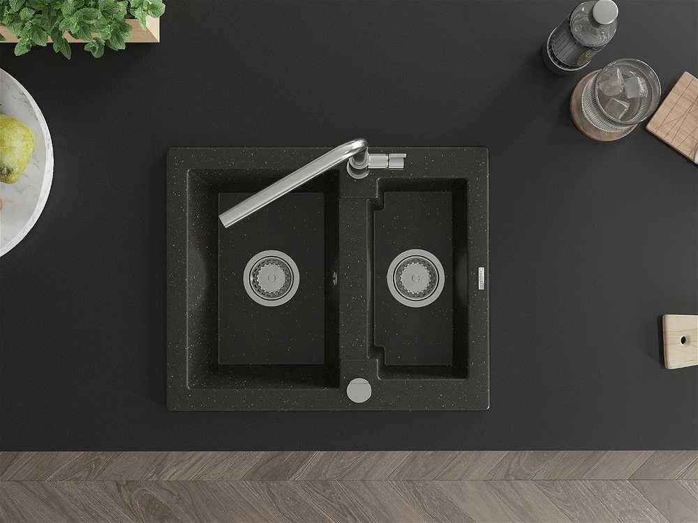 Granitinė virtuvinė plautuvė Mexen Carlos su maišytuvu ir sifonu, Metallic juodas/auksinis+Chrome