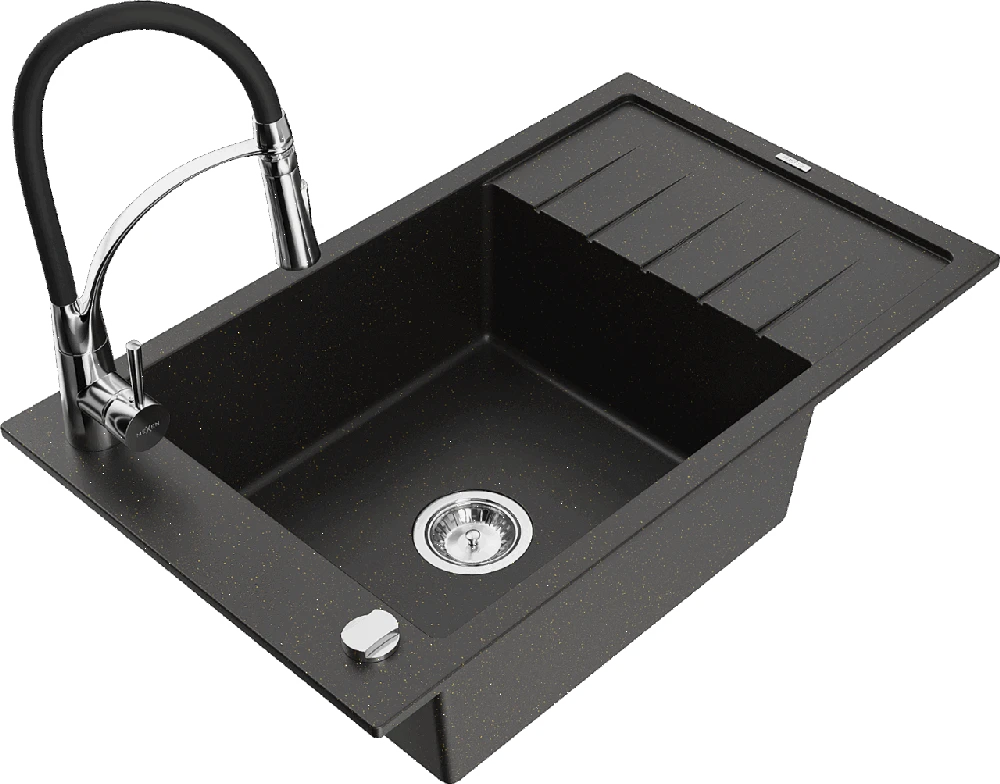 Granitinė virtuvinė plautuvė Mexen Elias su maišytuvu ir sifonu, Metallic juodas/auksinis+Juodas