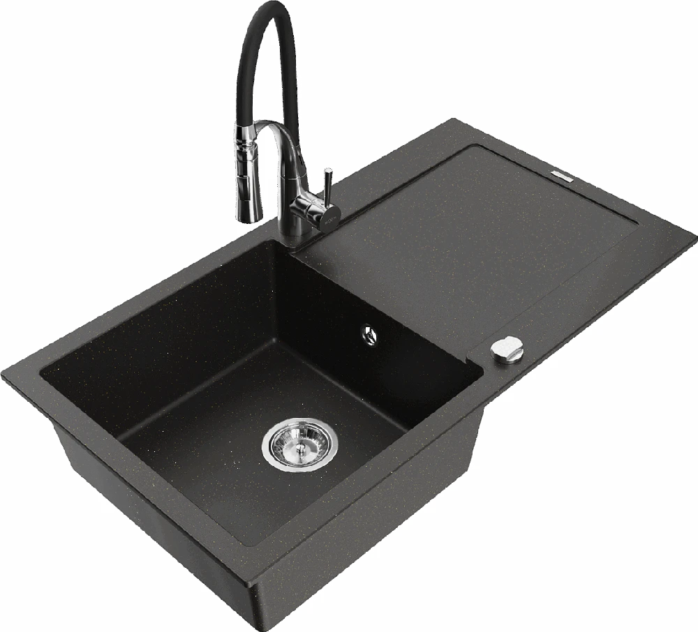 Granitinė virtuvinė plautuvė Mexen Leo su maišytuvu ir sifonu, Metallic juodas/auksinis+Juodas/Chrome