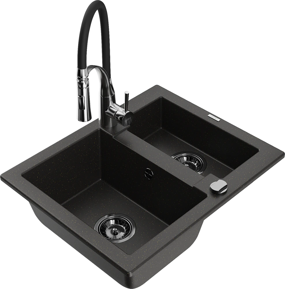 Granitinė virtuvinė plautuvė Mexen Carlos su maišytuvu ir sifonu, Metallic juodas/auksinis+Juodas/Chrome