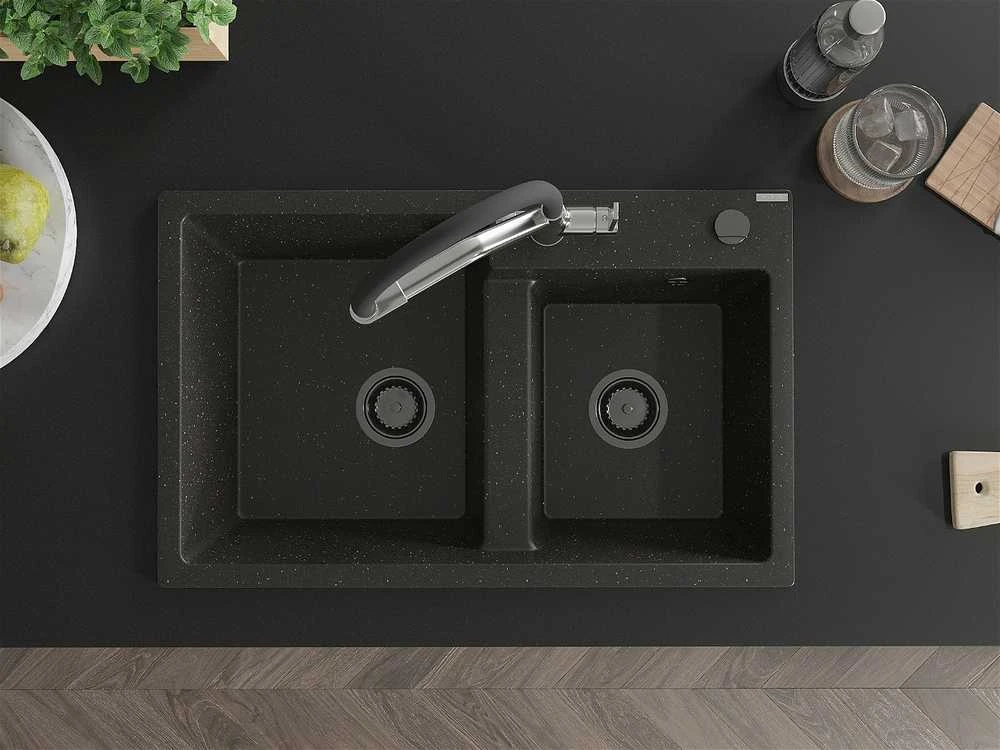 Granitinė virtuvinė plautuvė Mexen Tomas su maišytuvu ir sifonu, Metallic juodas/auksinis+Juodas/Chrome