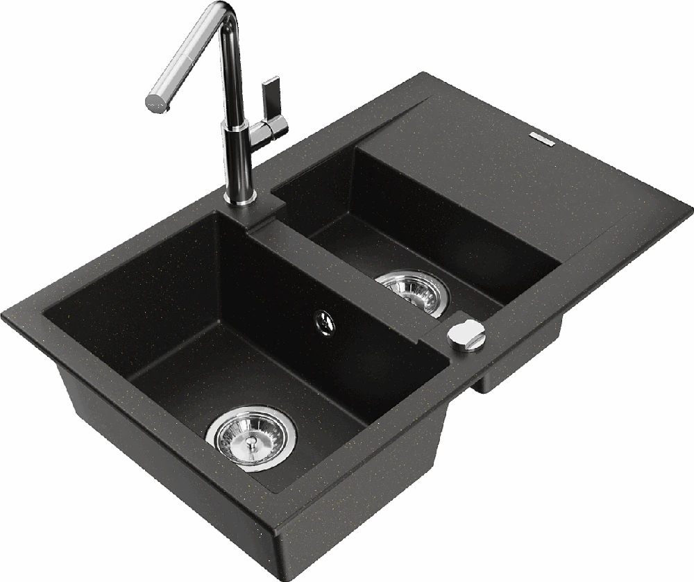 Granitinė virtuvinė plautuvė Mexen Gaspar su maišytuvu ir sifonu, Metallic juodas/auksinis+Chrome