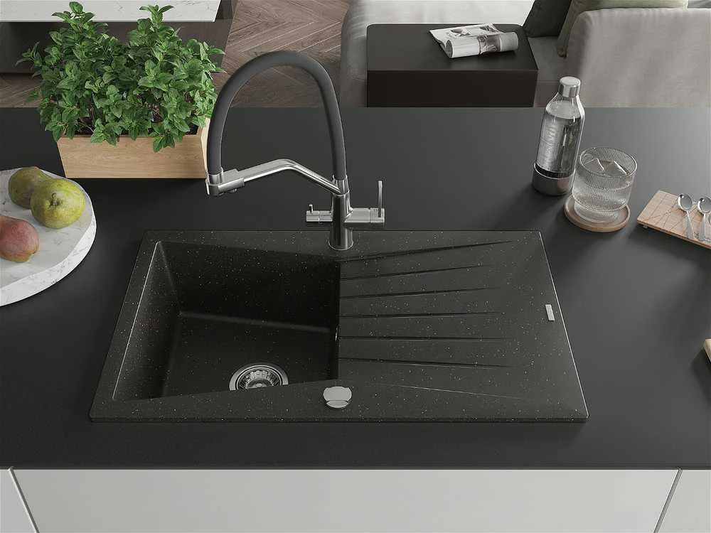 Granitinė virtuvinė plautuvė Mexen Cesar su maišytuvu ir sifonu, Metallic juodas/auksinis+Juodas/Chrome