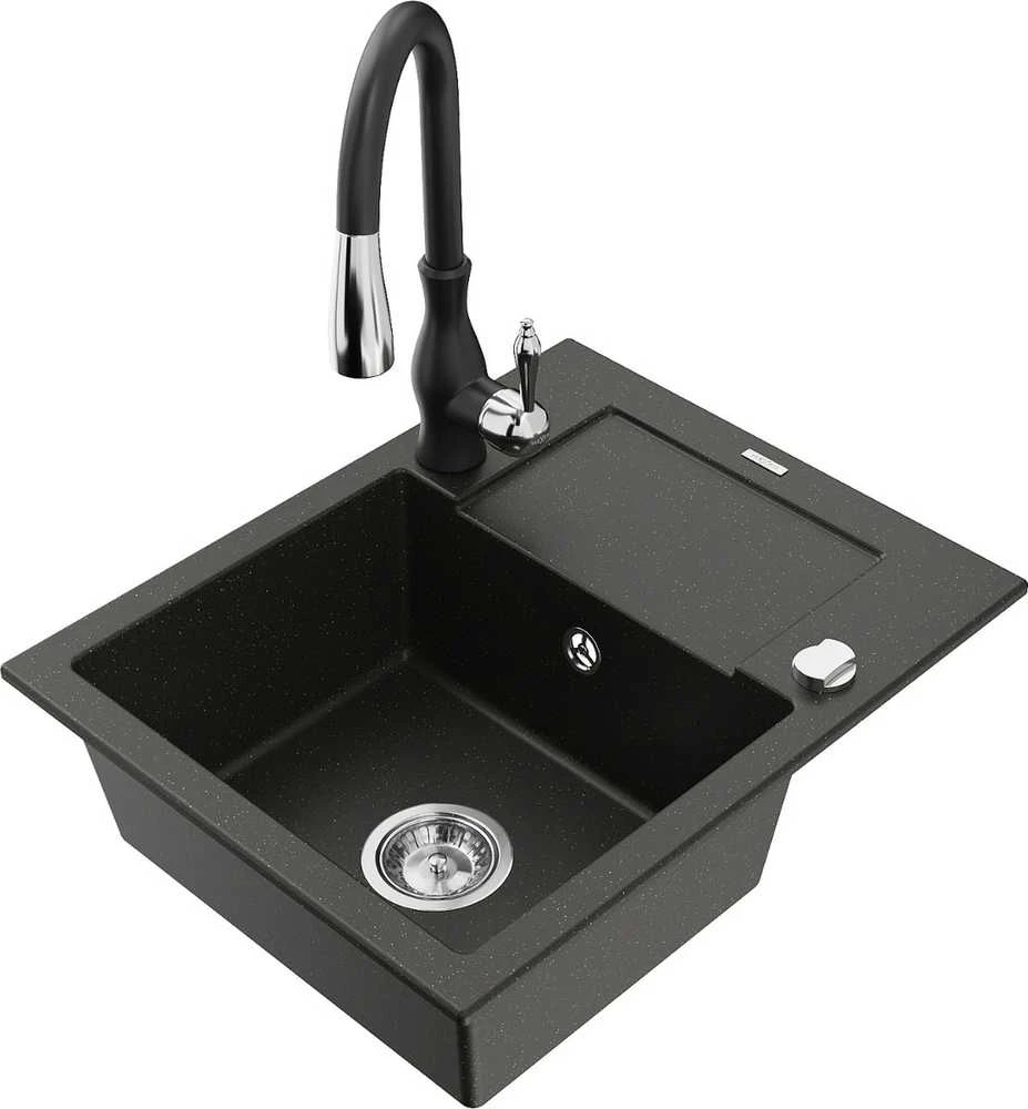 Granitinė virtuvinė plautuvė Mexen Enzo su maišytuvu ir sifonu, Metallic juodas/auksinis+Juodas