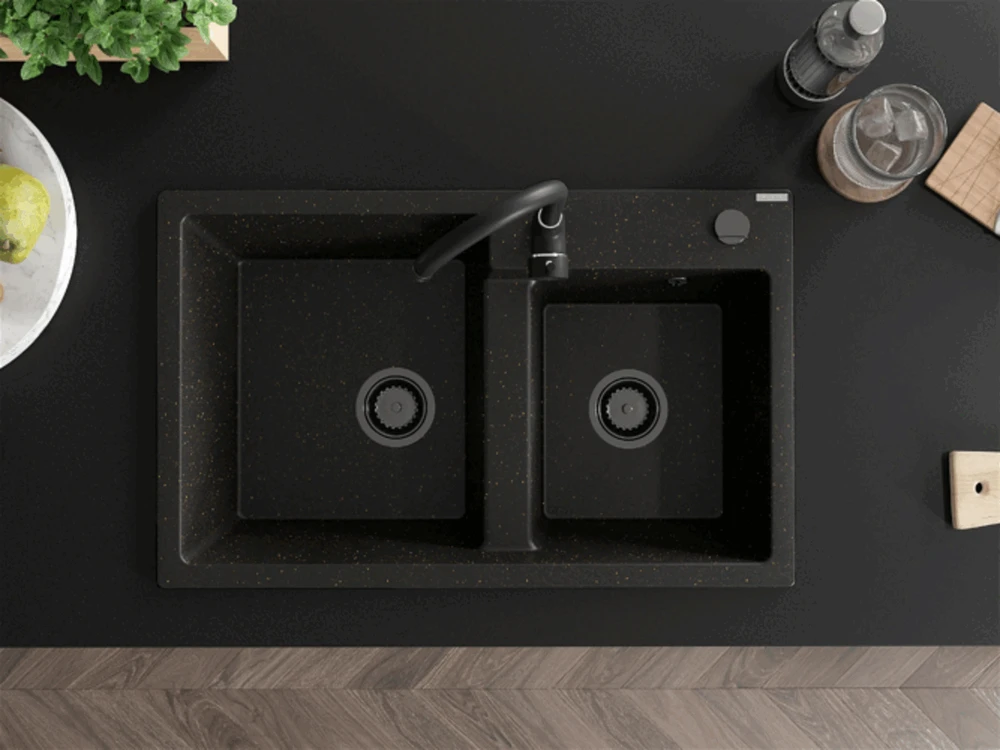 Granitinė virtuvinė plautuvė Mexen Tomas su maišytuvu ir sifonu, Metallic juodas/auksinis+Juodas(B)