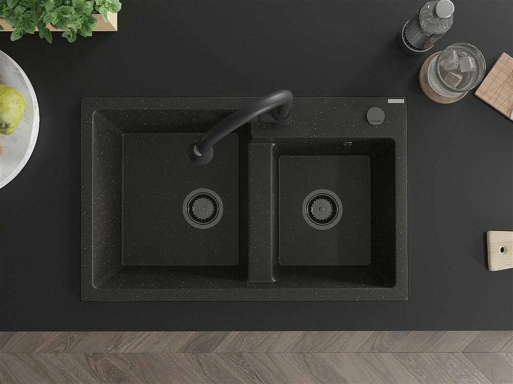 Granitinė virtuvinė plautuvė Mexen Tomas su maišytuvu ir sifonu, Metallic juodas/auksinis+Juodas