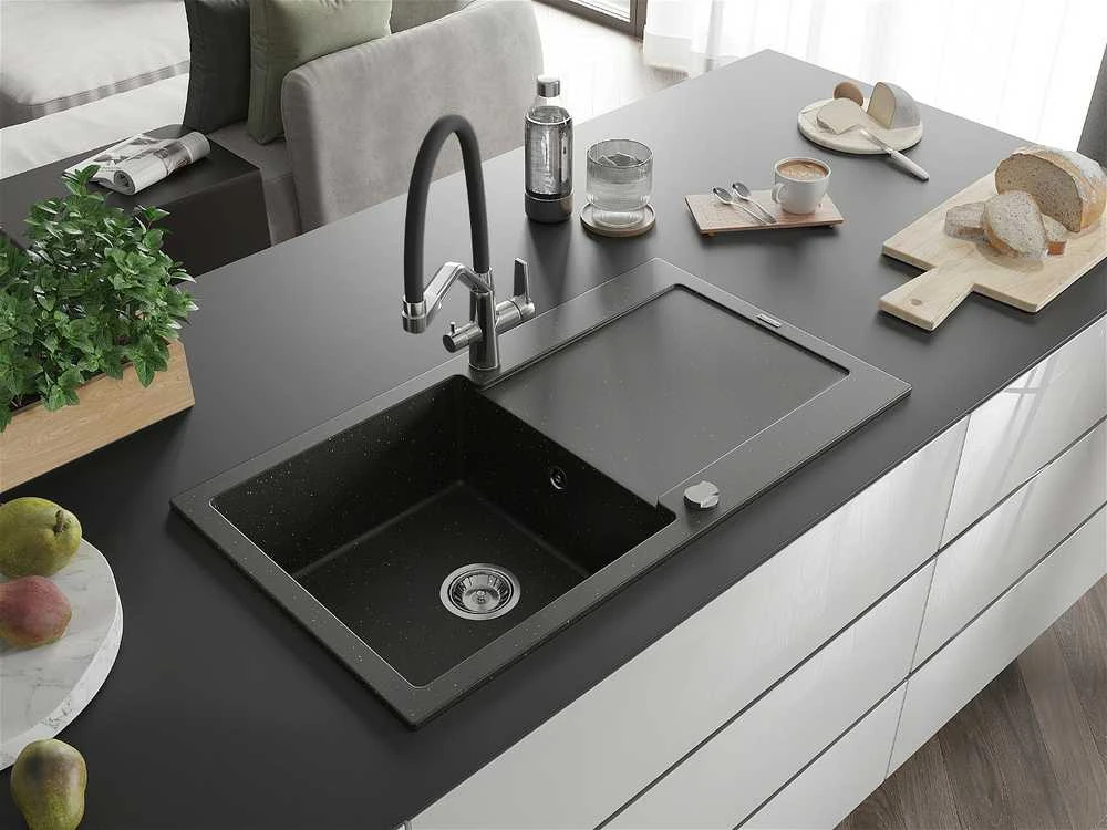 Granitinė virtuvinė plautuvė Mexen Leo su maišytuvu ir sifonu, Metallic juodas/auksinis+Juodas/Chrome