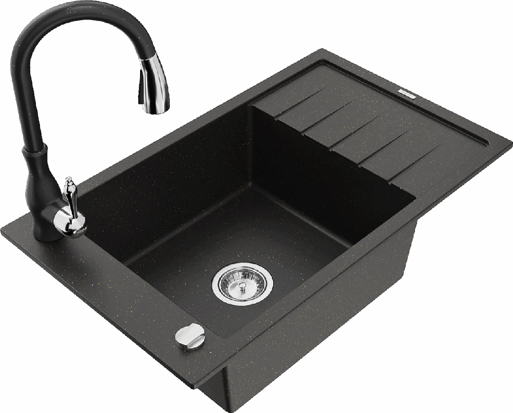 Granitinė virtuvinė plautuvė Mexen Elias su maišytuvu ir sifonu, Metallic juodas/auksinis+Juodas