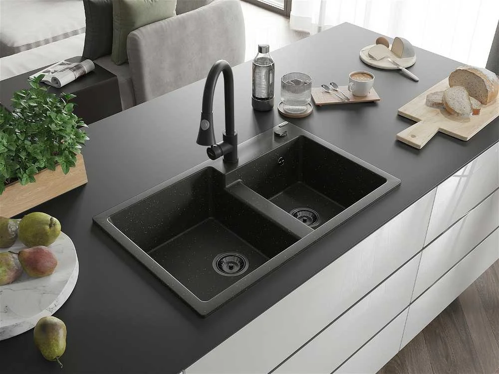 Granitinė virtuvinė plautuvė Mexen Tomas su maišytuvu ir sifonu, Metallic juodas/auksinis+Juodas