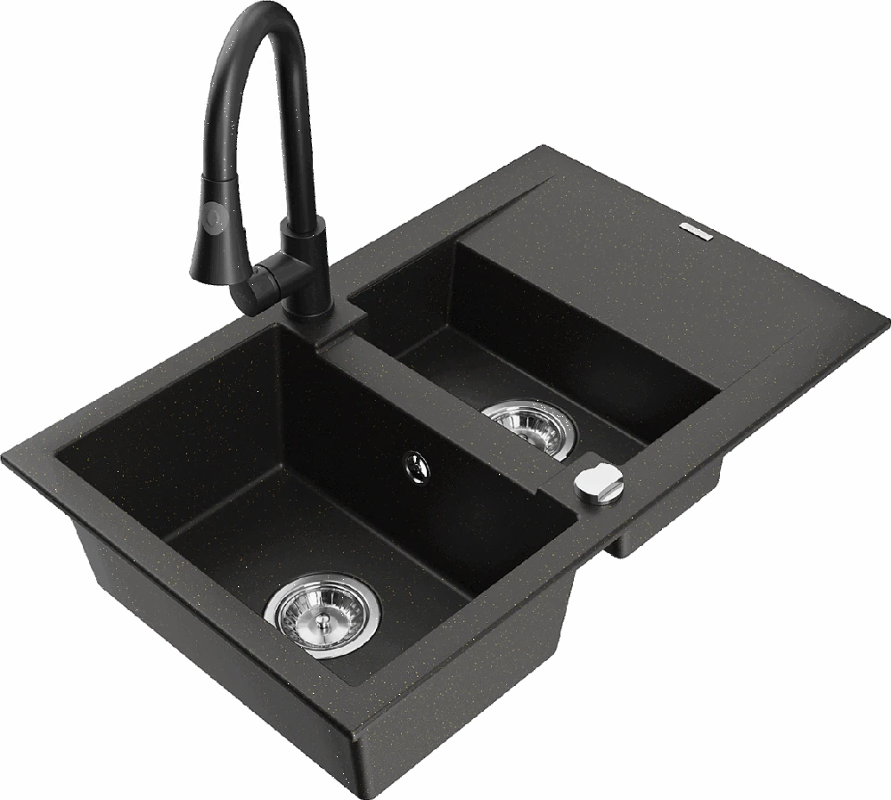 Granitinė virtuvinė plautuvė Mexen Gaspar su maišytuvu ir sifonu, Metallic juodas/auksinis+Juodas