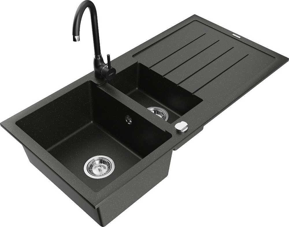 Granitinė virtuvinė plautuvė Mexen Andres su maišytuvu ir sifonu, Metallic juodas/auksinis+Juodas