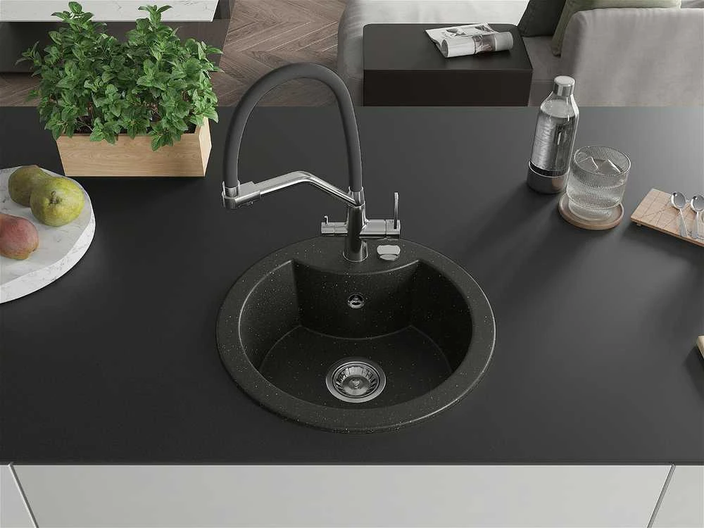 Granitinė virtuvinė plautuvė Mexen Diego su maišytuvu ir sifonu, Metallic juodas/auksinis+Juodas/Chrome