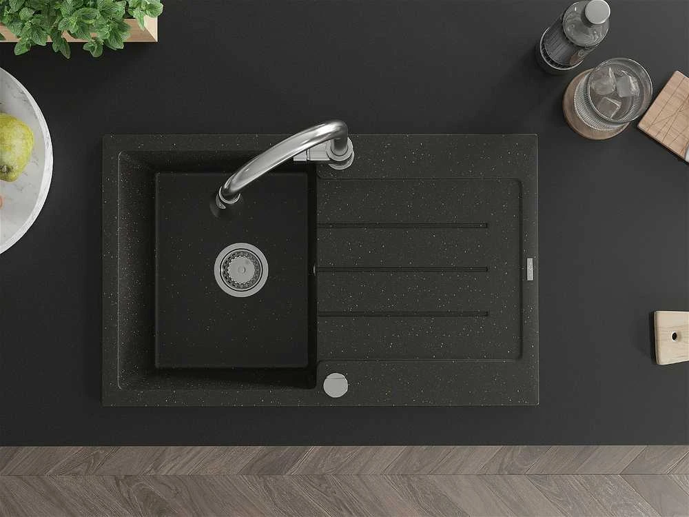 Granitinė virtuvinė plautuvė Mexen Bruno su maišytuvu ir sifonu, Metallic juodas/auksinis+Chrome