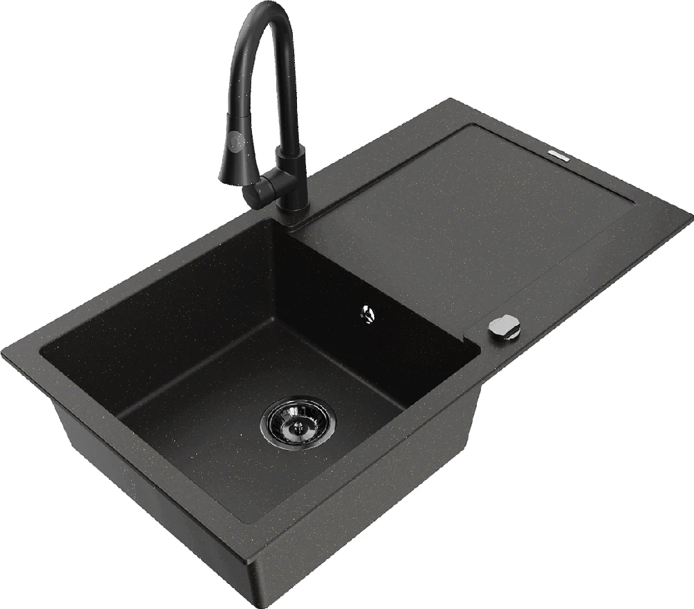 Granitinė virtuvinė plautuvė Mexen Leo su maišytuvu ir sifonu, Metallic juodas/auksinis+Juodas