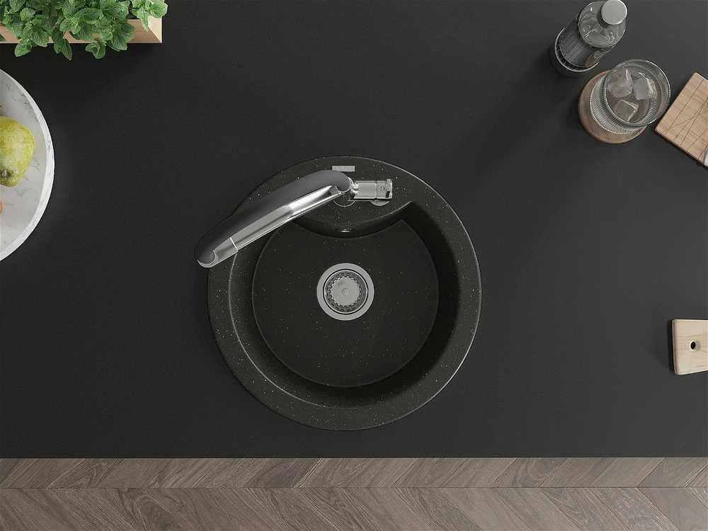 Granitinė virtuvinė plautuvė Mexen Diego su maišytuvu ir sifonu, Metallic juodas/auksinis+Juodas/Chrome