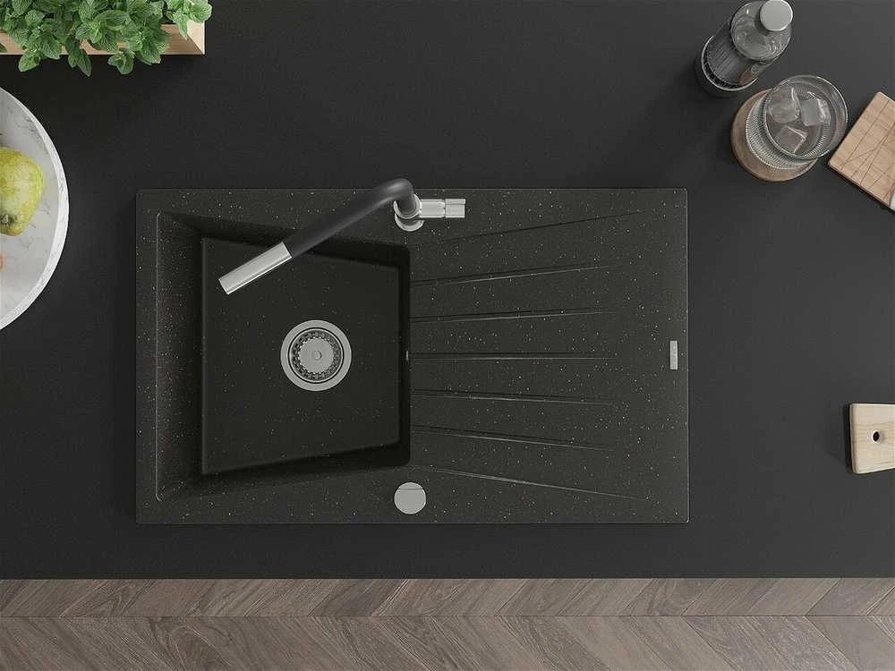 Granitinė virtuvinė plautuvė Mexen Cesar su maišytuvu ir sifonu, Metallic juodas/auksinis+Juodas/Chrome