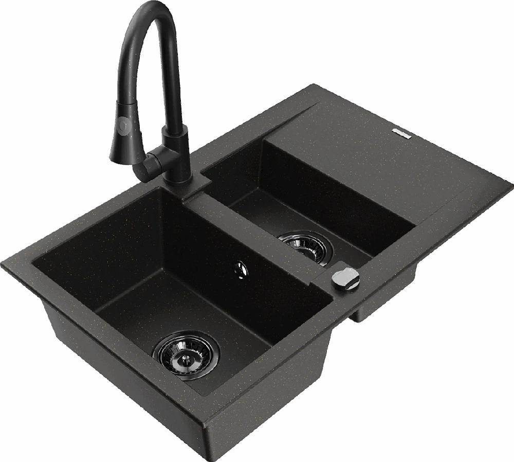 Granitinė virtuvinė plautuvė Mexen Gaspar su maišytuvu ir sifonu, Metallic juodas/auksinis+Juodas