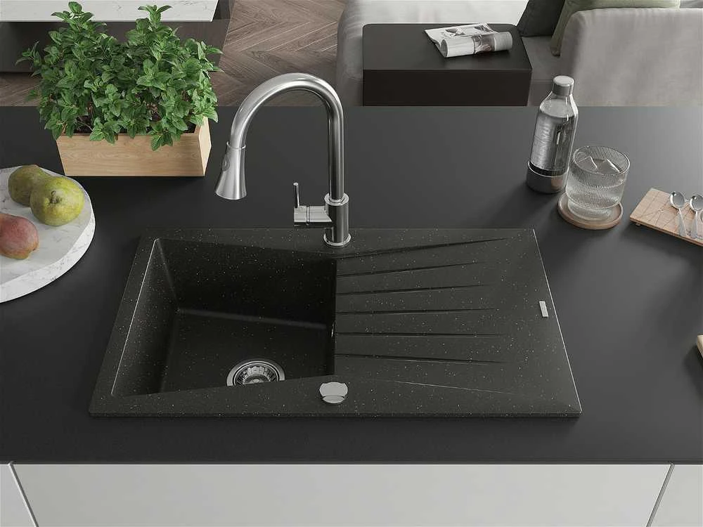 Granitinė virtuvinė plautuvė Mexen Cesar su maišytuvu ir sifonu, Metallic juodas/auksinis+Chrome