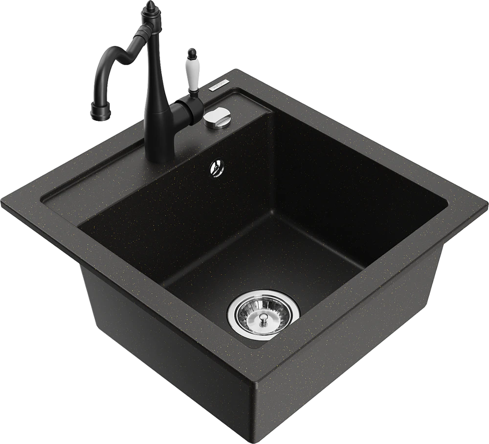 Granitinė virtuvinė plautuvė Mexen Vito su maišytuvu ir sifonu, Metallic juodas/auksinis+Juodas