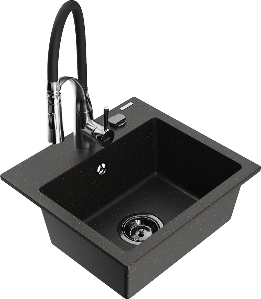 Granitinė virtuvinė plautuvė Mexen Milo su maišytuvu ir sifonu, Metallic juodas/auksinis+Juodas/Chrome