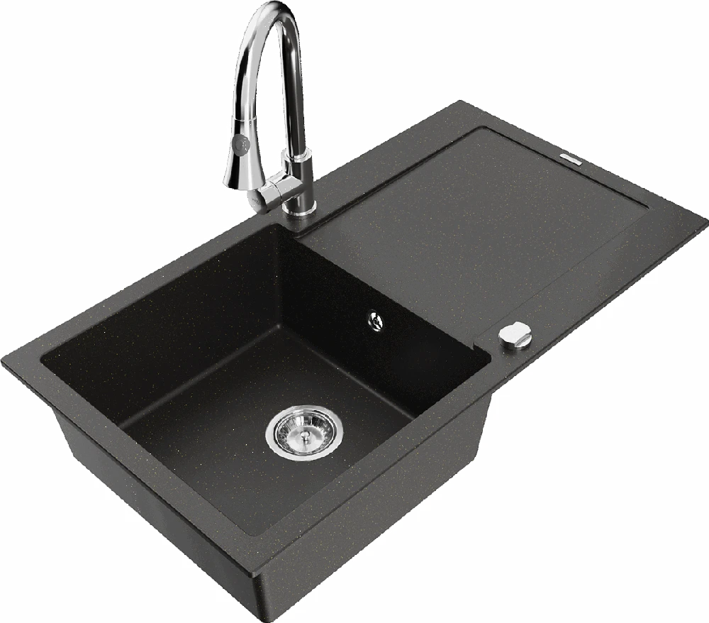 Granitinė virtuvinė plautuvė Mexen Leo su maišytuvu ir sifonu, Metallic juodas/auksinis+Chrome