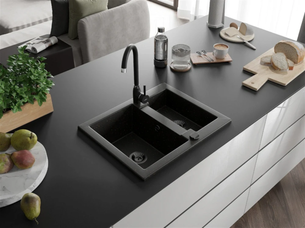 Granitinė virtuvinė plautuvė Mexen Carlos su maišytuvu ir sifonu, Metallic juodas/auksinis+Juodas