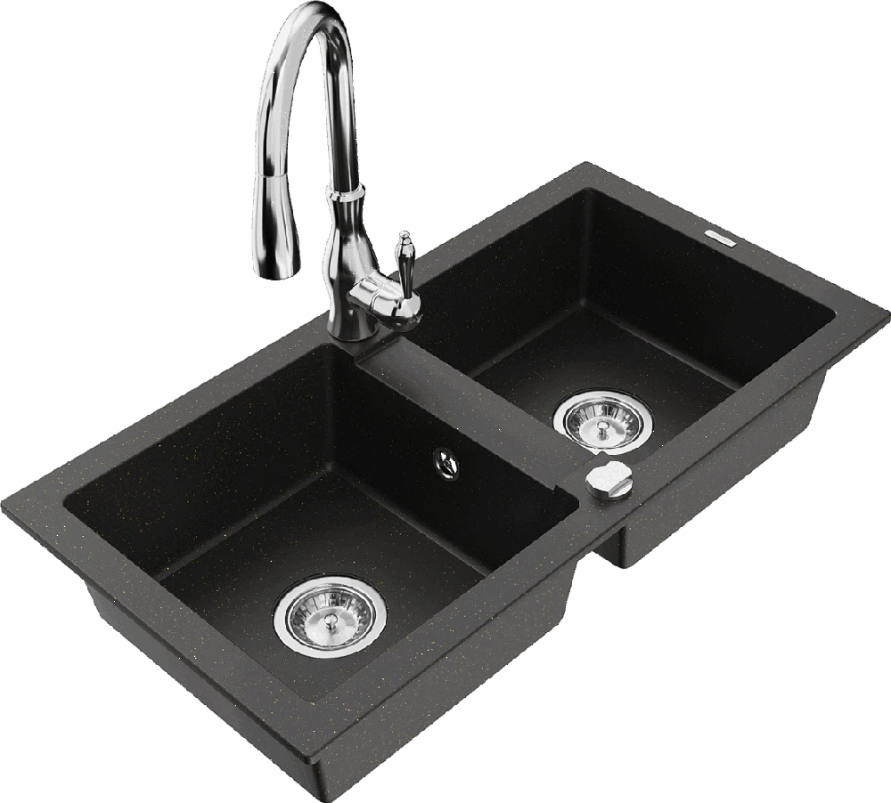 Granitinė virtuvinė plautuvė Mexen Mario su maišytuvu ir sifonu, Metallic juodas/auksinis+Chrome