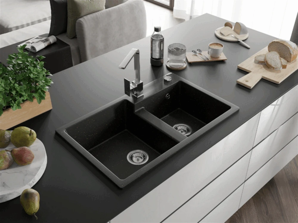 Granitinė virtuvinė plautuvė Mexen Tomas su maišytuvu ir sifonu, Metallic juodas/auksinis+Chrome