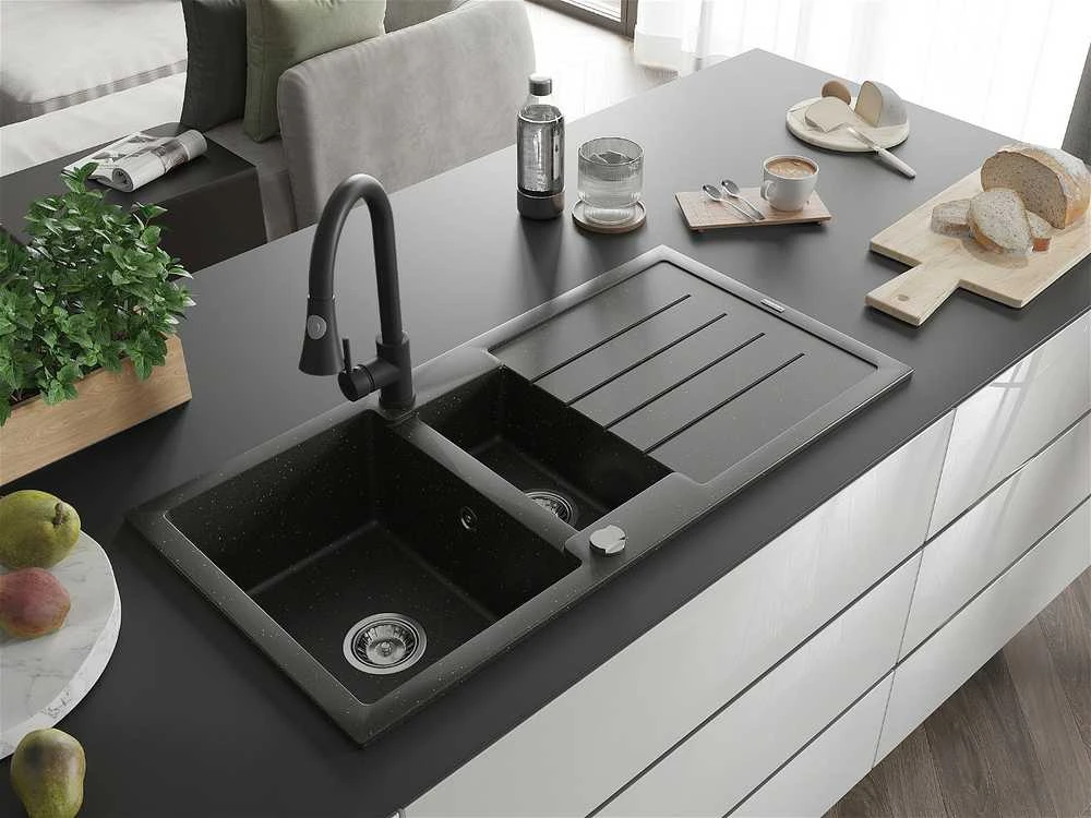 Granitinė virtuvinė plautuvė Mexen Andres su maišytuvu ir sifonu, Metallic juodas/auksinis+Juodas