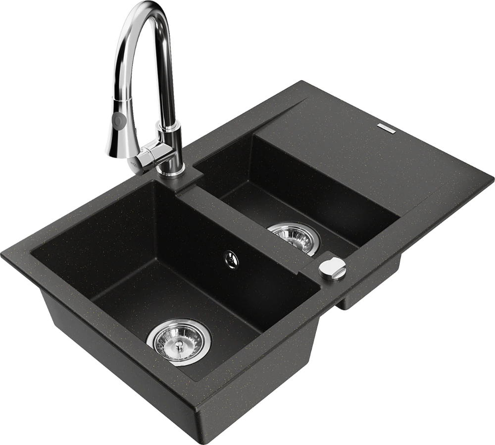 Granitinė virtuvinė plautuvė Mexen Gaspar su maišytuvu ir sifonu, Metallic juodas/auksinis+Chrome