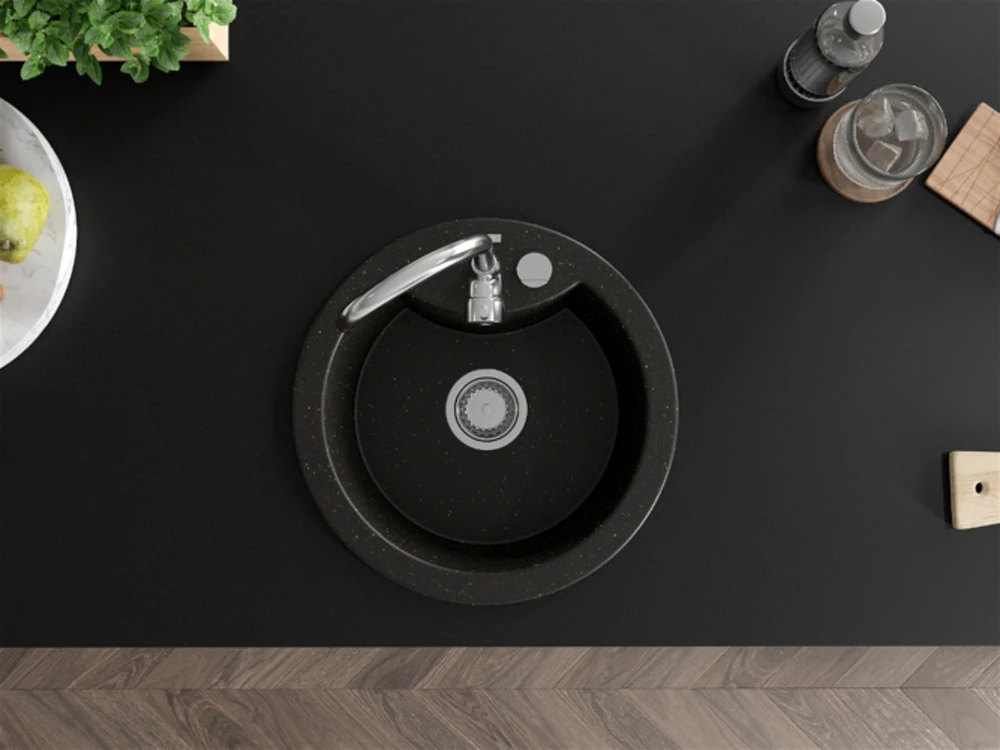 Granitinė virtuvinė plautuvė Mexen Diego su maišytuvu ir sifonu, Metallic juodas/auksinis+Chrome
