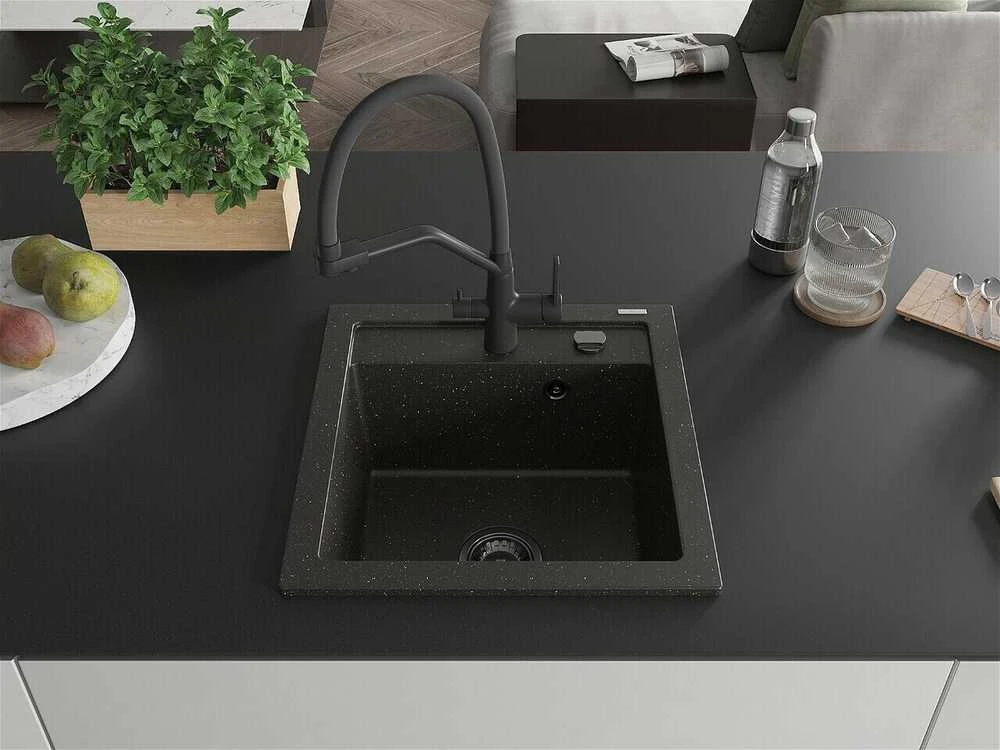 Granitinė virtuvinė plautuvė Mexen Vito su maišytuvu ir sifonu, Metallic juodas/auksinis+Juodas