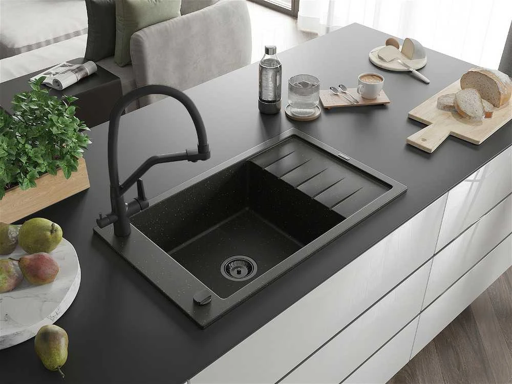 Granitinė virtuvinė plautuvė Mexen Elias su maišytuvu ir sifonu, Metallic juodas/auksinis+Juodas