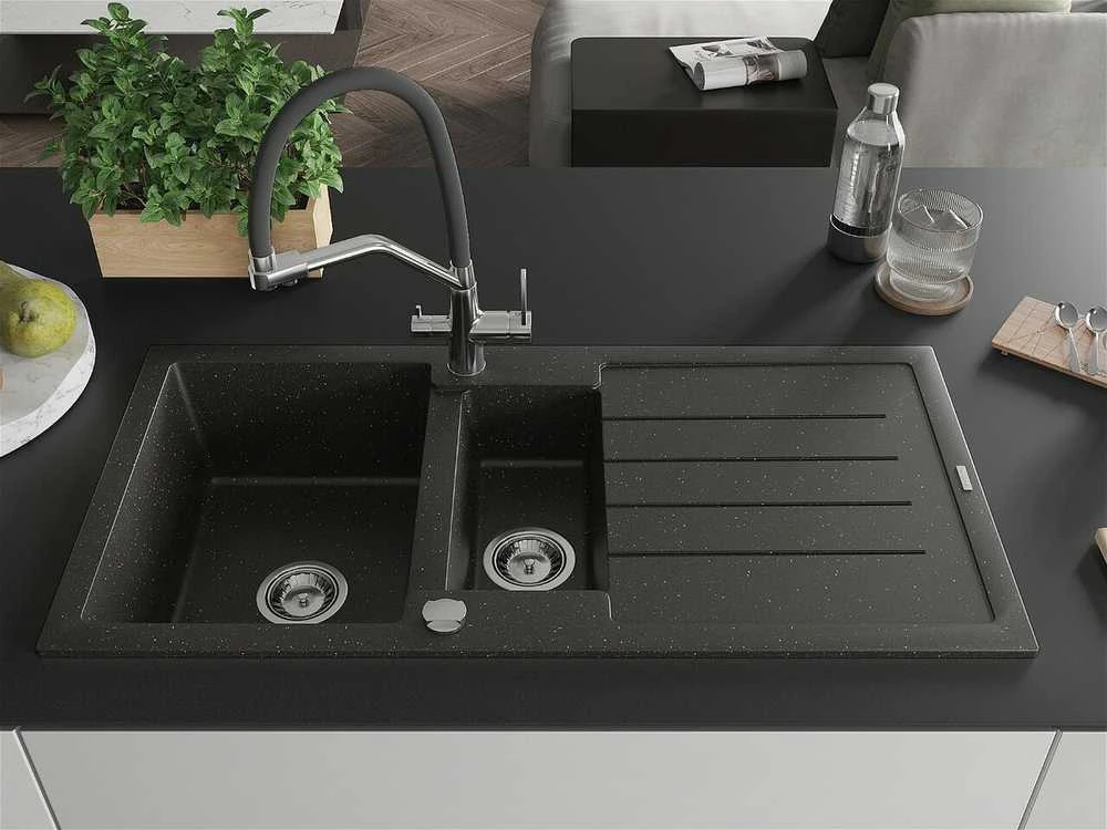 Granitinė virtuvinė plautuvė Mexen Andres su maišytuvu ir sifonu, Metallic juodas/auksinis+Juodas/Chrome