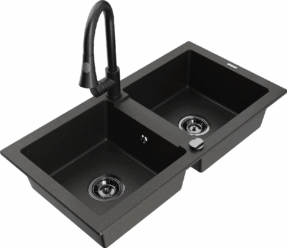 Granitinė virtuvinė plautuvė Mexen Mario su maišytuvu ir sifonu, Metallic juodas/auksinis+Juodas