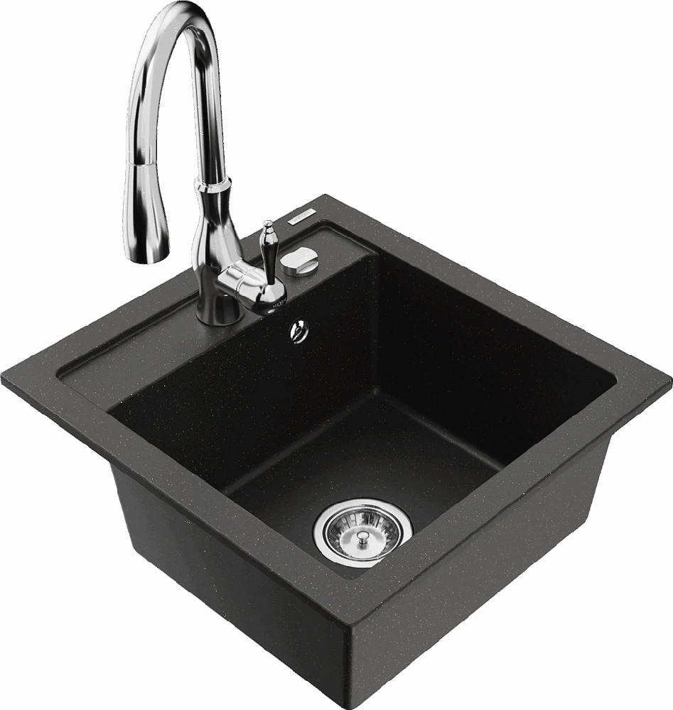 Granitinė virtuvinė plautuvė Mexen Vito su maišytuvu ir sifonu, Metallic juodas/auksinis+Chrome