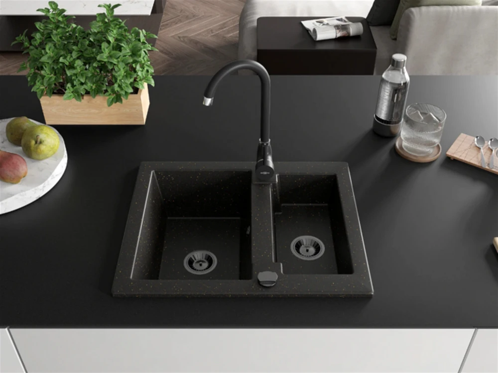 Granitinė virtuvinė plautuvė Mexen Carlos su maišytuvu ir sifonu, Metallic juodas/auksinis+Juodas