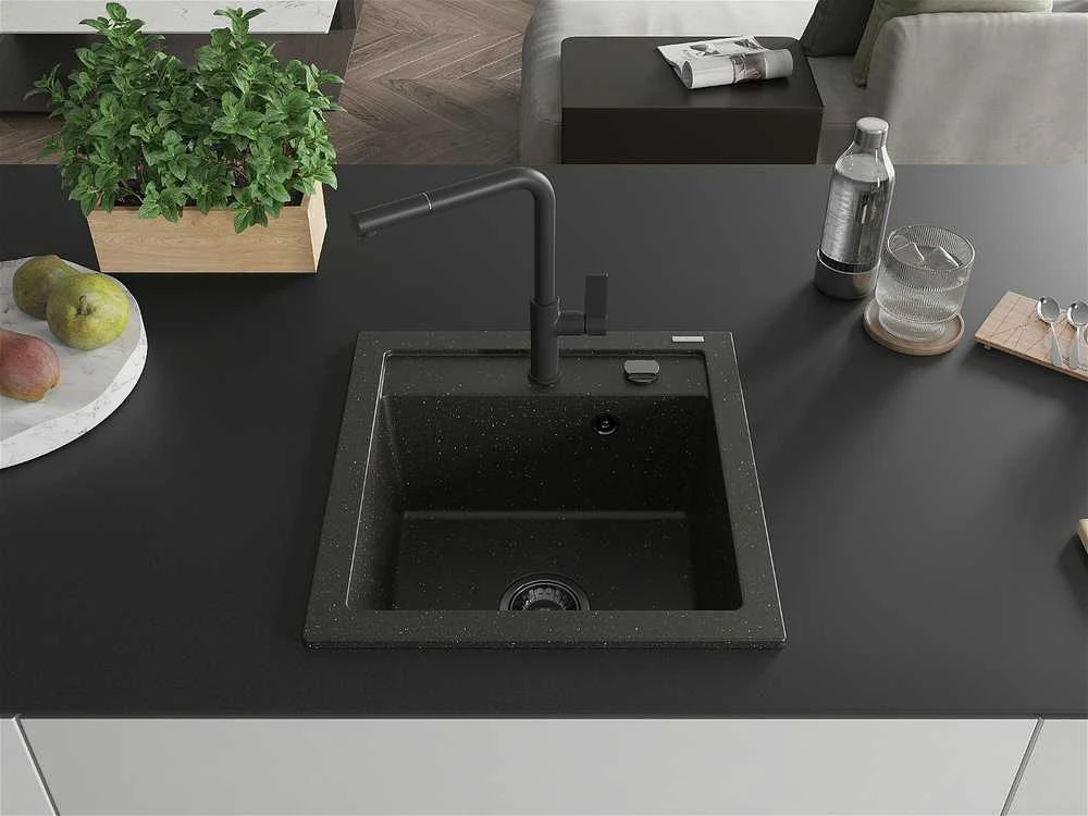 Granitinė virtuvinė plautuvė Mexen Vito su maišytuvu ir sifonu, Metallic juodas/auksinis+Juodas