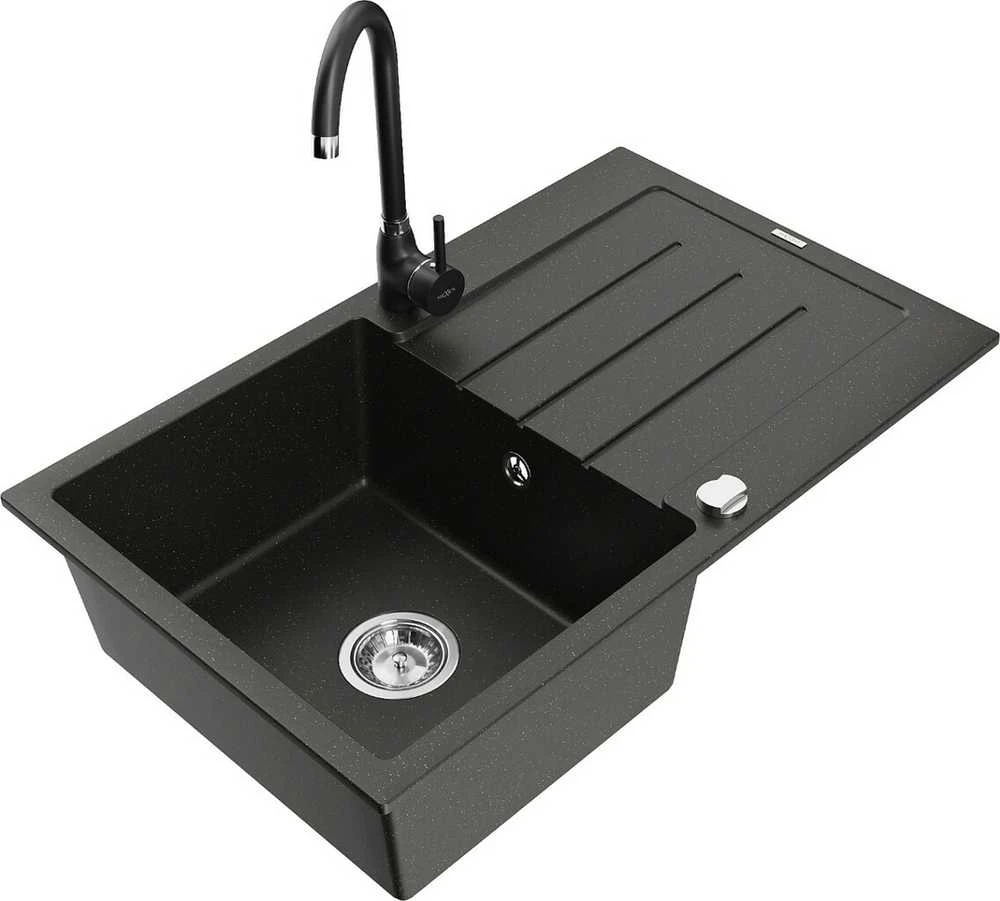 Granitinė virtuvinė plautuvė Mexen Bruno su maišytuvu ir sifonu, Metallic juodas/auksinis+Juodas