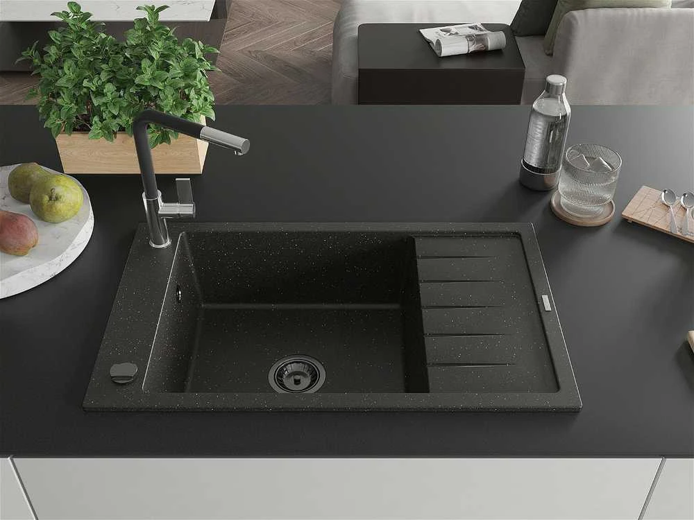 Granitinė virtuvinė plautuvė Mexen Elias su maišytuvu ir sifonu, Metallic juodas/auksinis+Juodas/Chrome